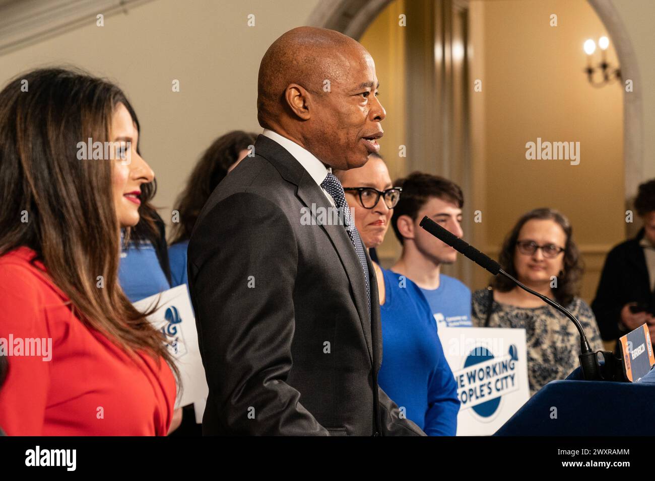 Mayor Eric Adams speaks as he announced increase minimum pay rate for ...