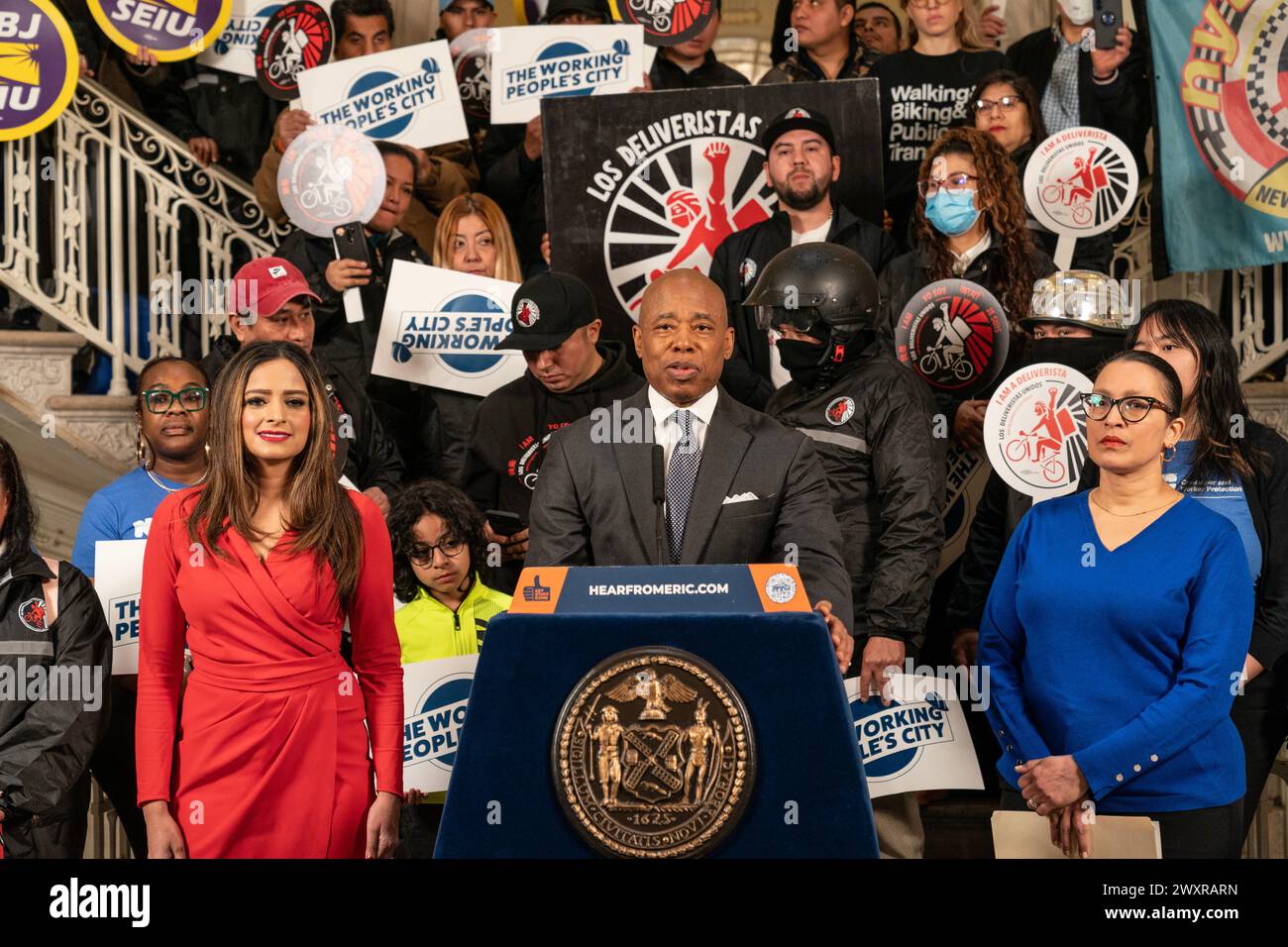 Mayor Eric Adams speaks as he announced increase minimum pay rate for ...