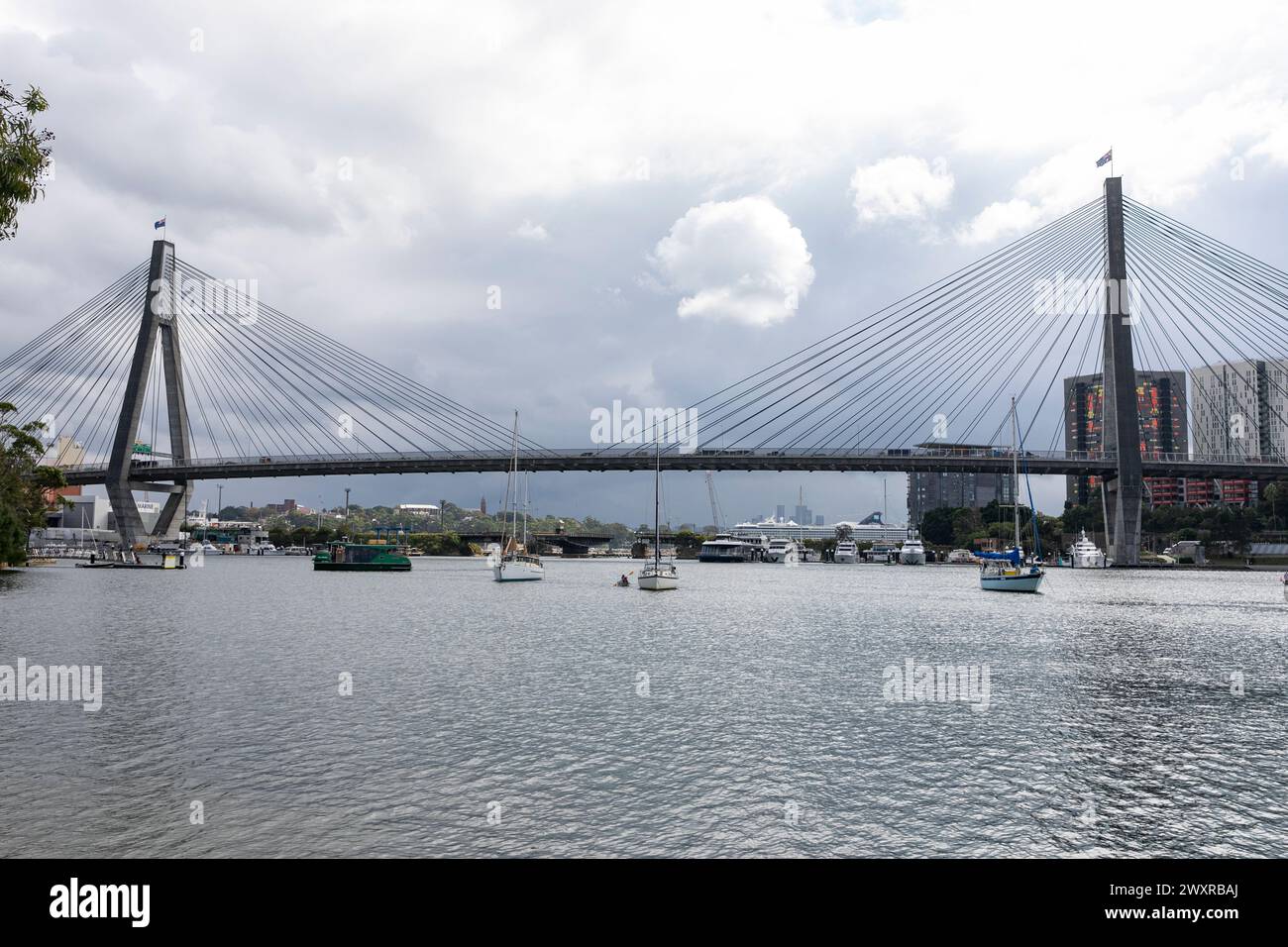 Anzac Bridge in Sydney links Pyrmont to Glebe and carries vehiclualr traffic as the western distributor, the bridge was opened in 1995, NSW,Australia Stock Photo