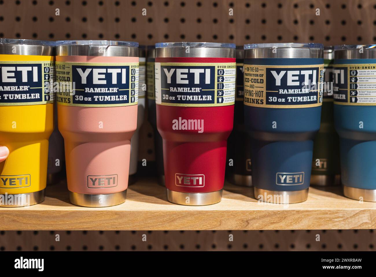 A row of Yeti tumblers in a store on March 3, 2024, in Bangkok