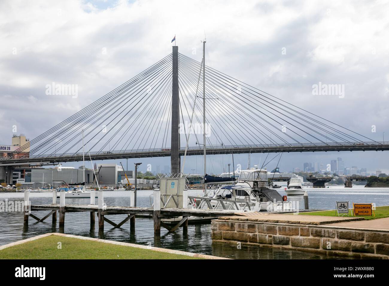 Anzac Bridge in Sydney links Pyrmont to Glebe and carries vehiclualr traffic as the western distributor, the bridge was opened in 1995, NSW,Australia Stock Photo