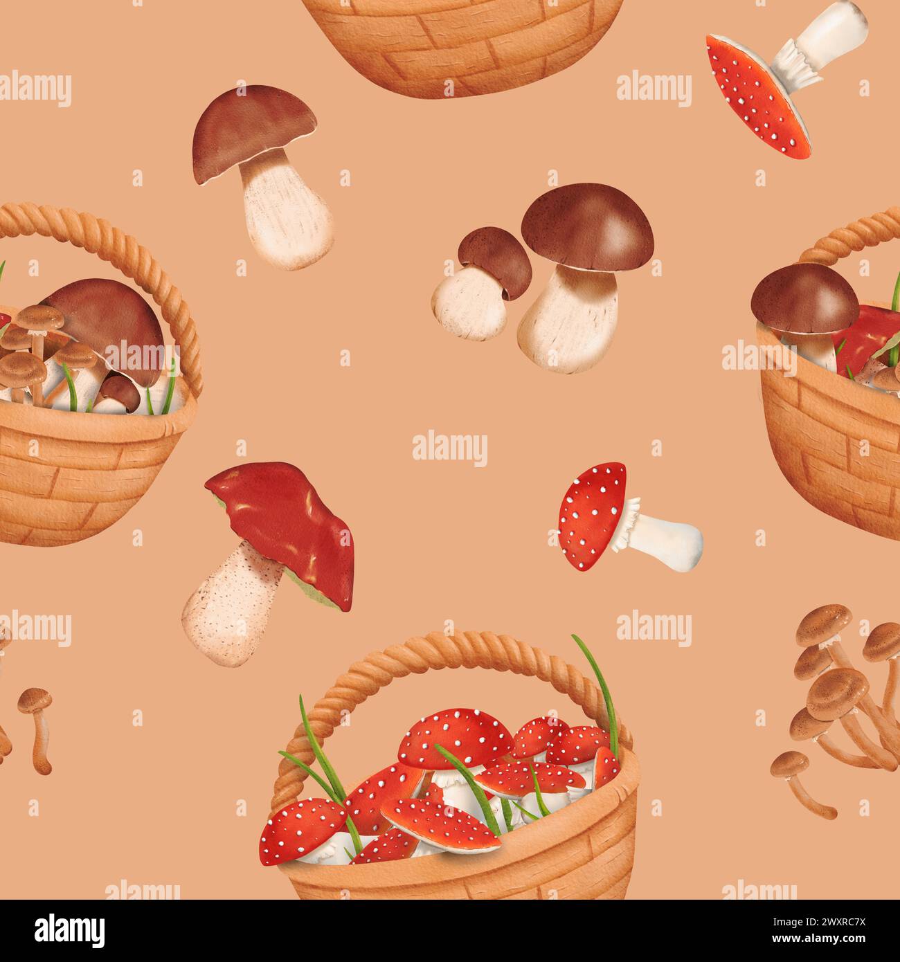 Woodland seamless pattern. harvest of various mushrooms. Baskets filled with forest treasures. Edible penny bun and porcini mushrooms. Dangerous and Stock Photo