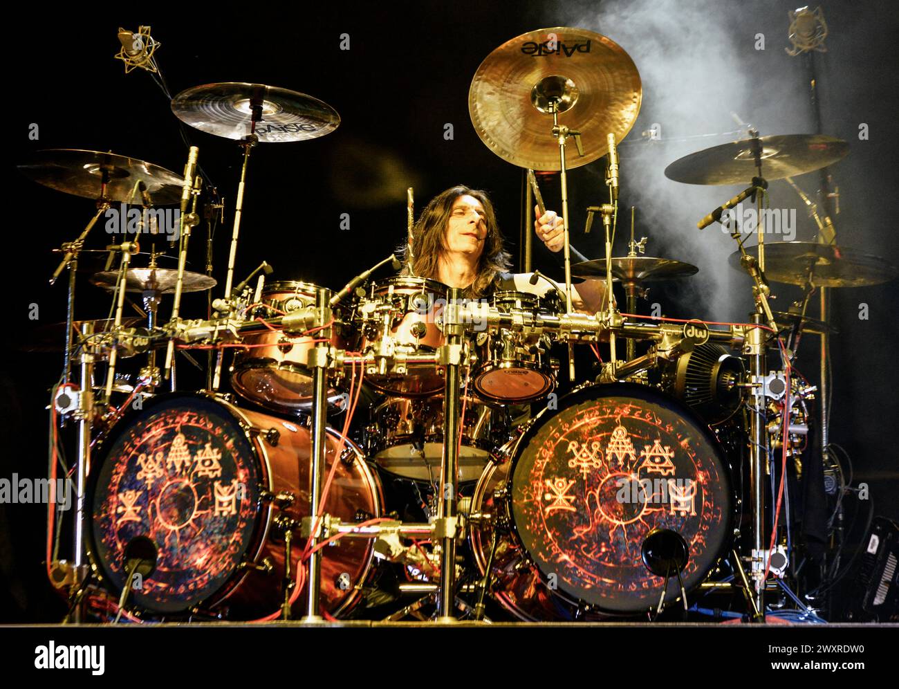 Scott Travis the drummer for Judas Priest performing on stage in Las ...