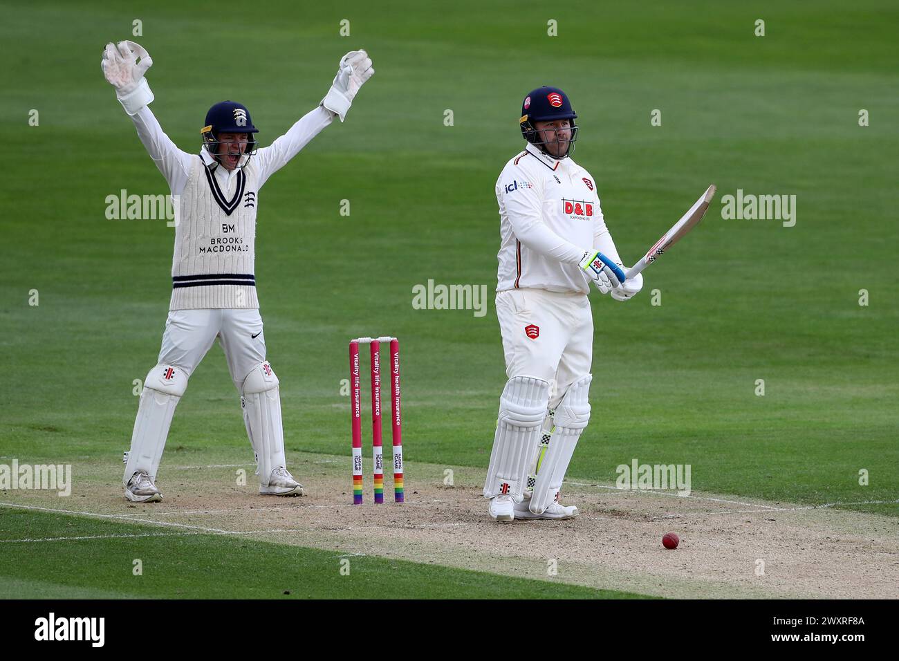Jack Davies of Middlesex successfully appeals for the wicket of Adam Rossington from the bowling of Josh de Caires during Essex CCC vs Middlesex CCC, Stock Photo