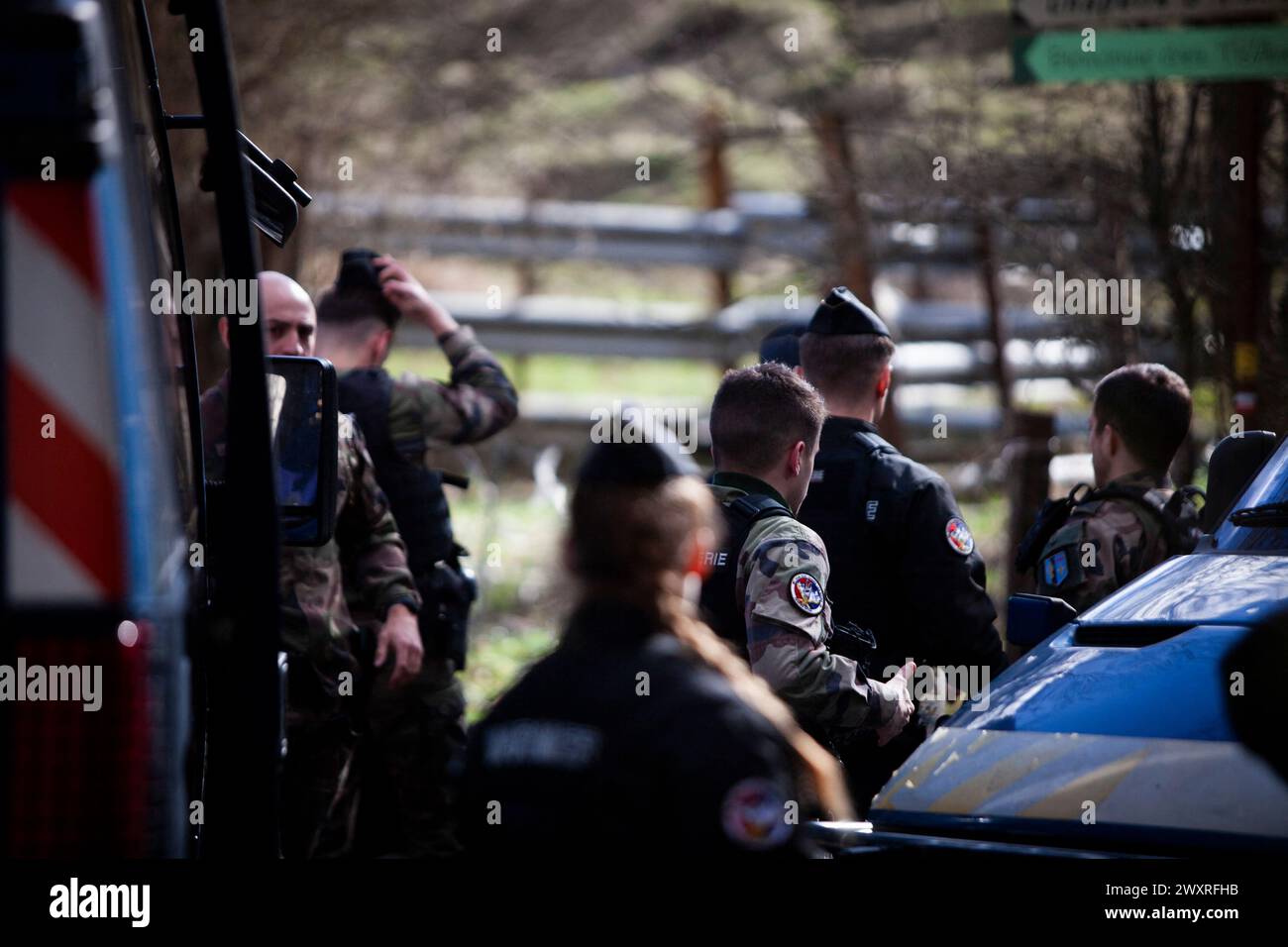 Vernet, France. 01st Apr, 2024. The road to Haut-Vernet is blocked by a gendarmerie checkpoint at the village of Le Vernet, France, Vernet, on April 01, 2024. The remains of Emile, who disappeared since July 8th last year in Le Vernet, were discovered this Saturday a few kilometers from the hamlet. Photo by Thibaut Durand/ABACAPRESS.COM Credit: Abaca Press/Alamy Live News Stock Photo