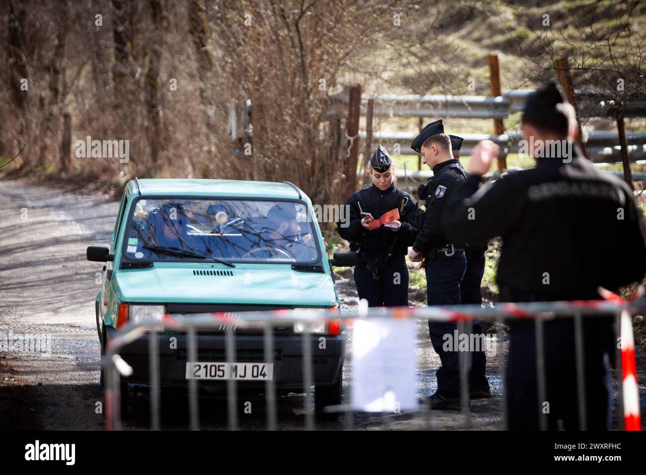 Vernet, France. 01st Apr, 2024. The road to Haut-Vernet is blocked by a gendarmerie checkpoint at the village of Le Vernet, France, Vernet, on April 01, 2024. The remains of Emile, who disappeared since July 8th last year in Le Vernet, were discovered this Saturday a few kilometers from the hamlet. Photo by Thibaut Durand/ABACAPRESS.COM Credit: Abaca Press/Alamy Live News Stock Photo