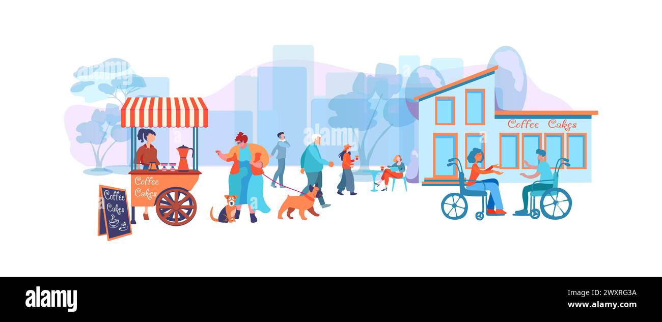 Urban scene, people sitting and standing outside of the coffee shop. A plump woman walks with a dog. Cafe cart. Modern lifestyle, inclusivity, and diversity people. Vector illustration Stock Vector