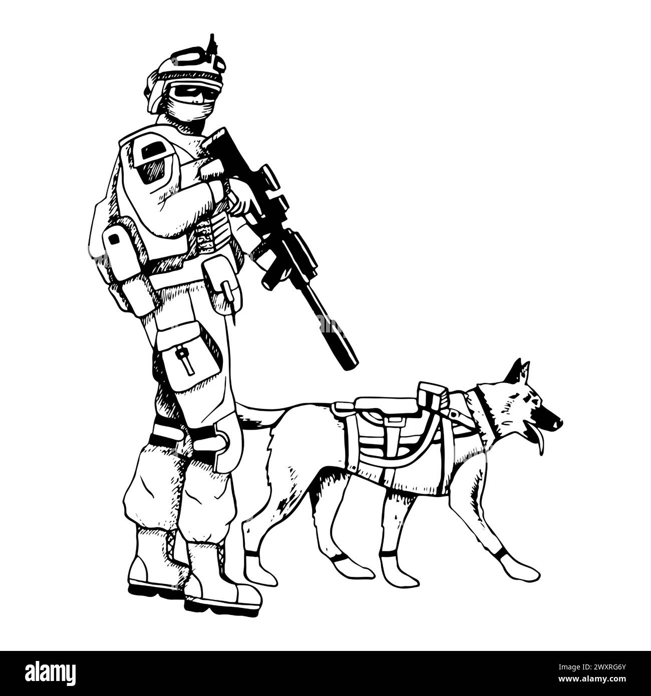 K9 military dog in vest with armed soldier soldier Stock Vector