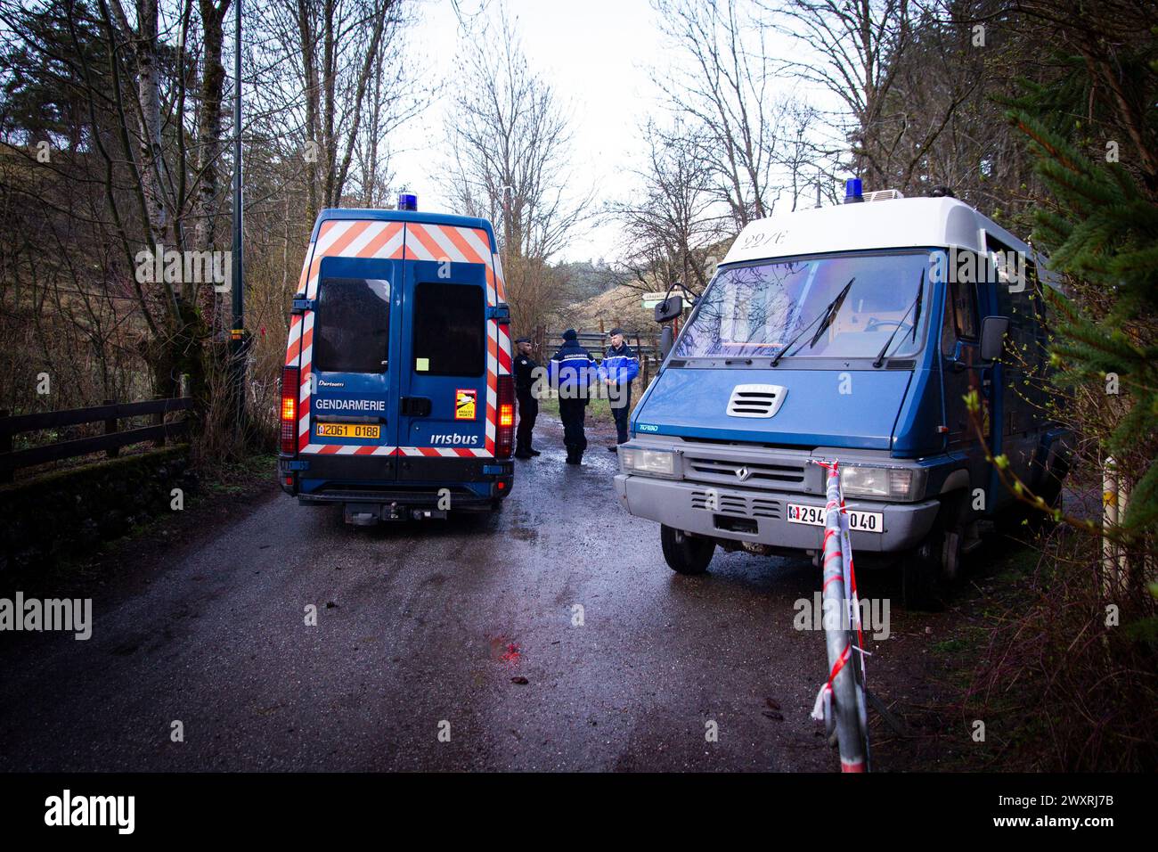 Vernet, France. 01st Apr, 2024. The road to Haut-Vernet is blocked by a gendarmerie checkpoint at the village of Le Vernet, France, Vernet, on April 01, 2024. The remains of Emile, who disappeared since July 8th last year in Le Vernet, were discovered this Saturday a few kilometers from the hamlet. Photo by Thibaut Durand/ABACAPRESS.COM Credit: Abaca Press/Alamy Live News Stock Photo