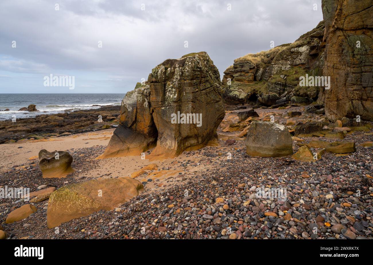 Cummingston Stacks in Moray on the North East coast of Scotland. Stock Photo