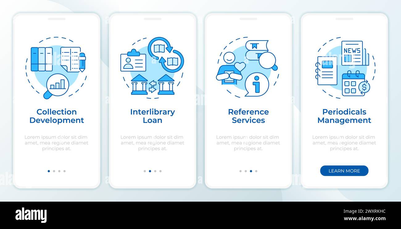 Interlibrary operations blue onboarding mobile app screen Stock Vector