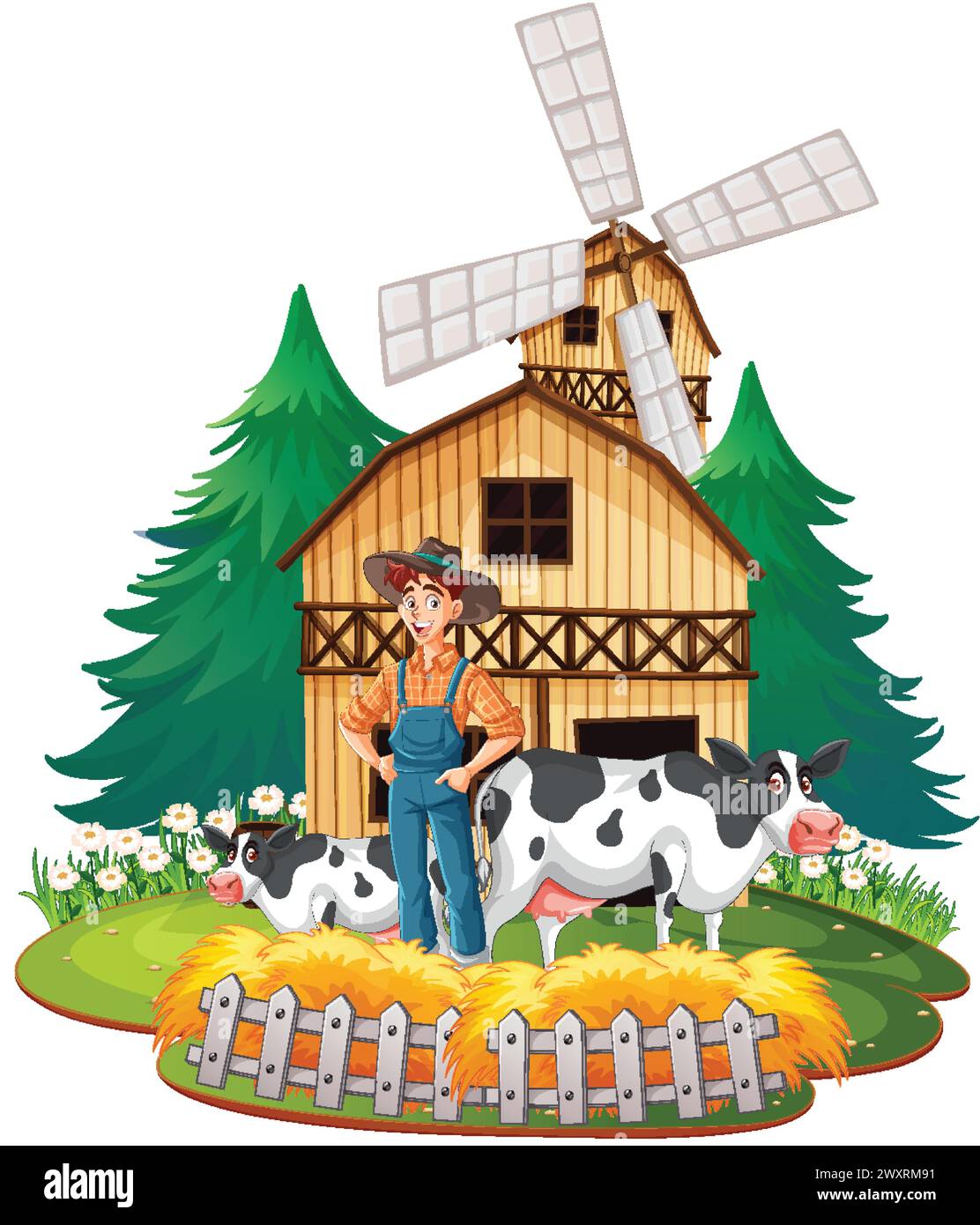 Illustration of a farmer with cows near a windmill. Stock Vector