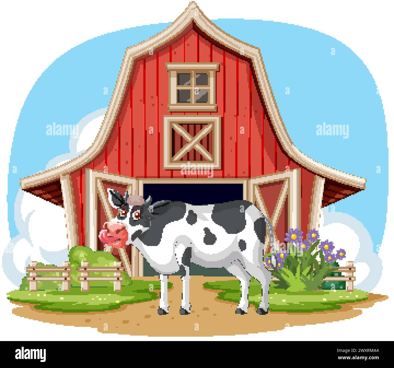 Vector illustration of a cow outside a red barn Stock Vector Image ...