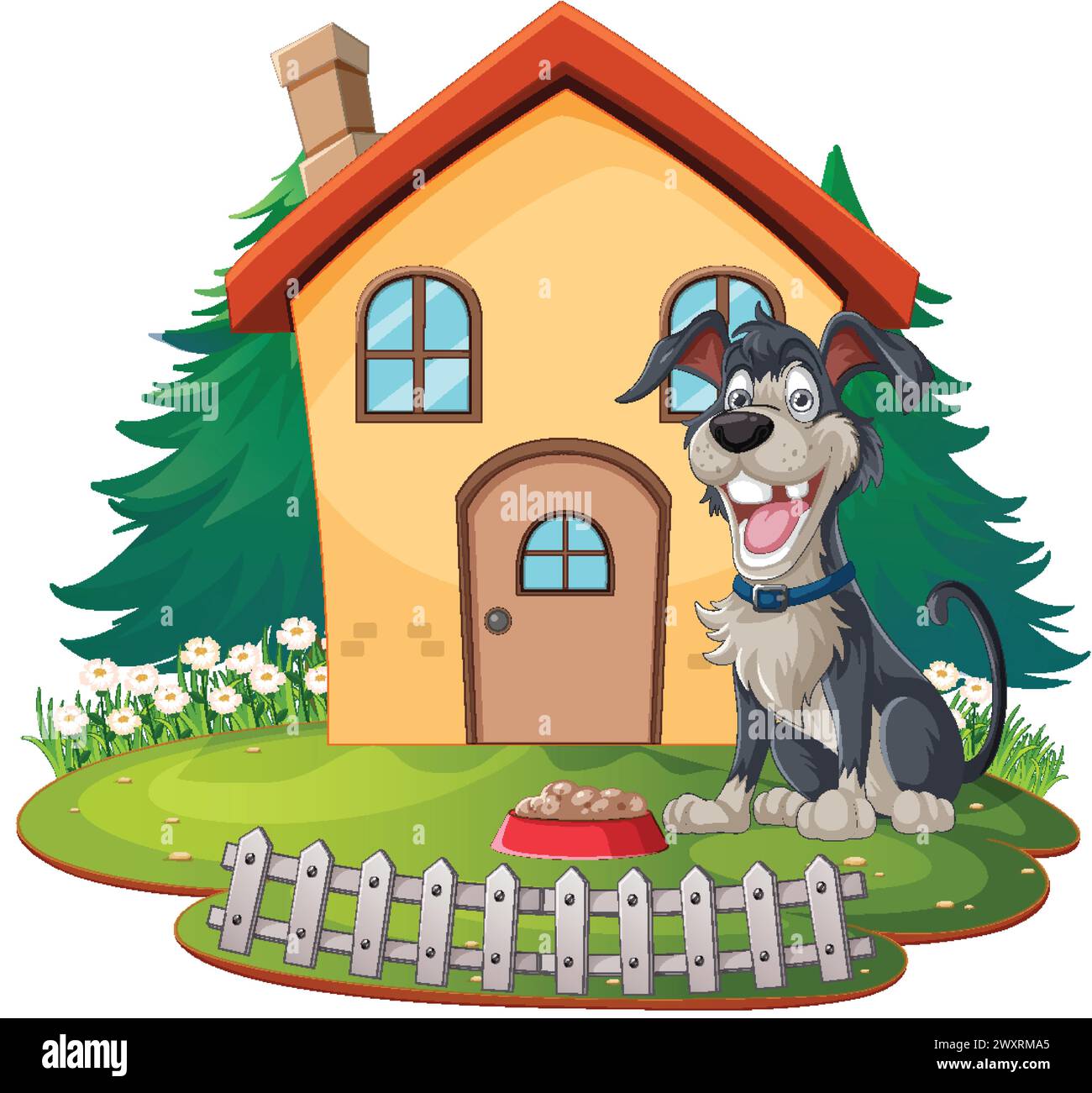 Cheerful dog sitting by its home with food. Stock Vector
