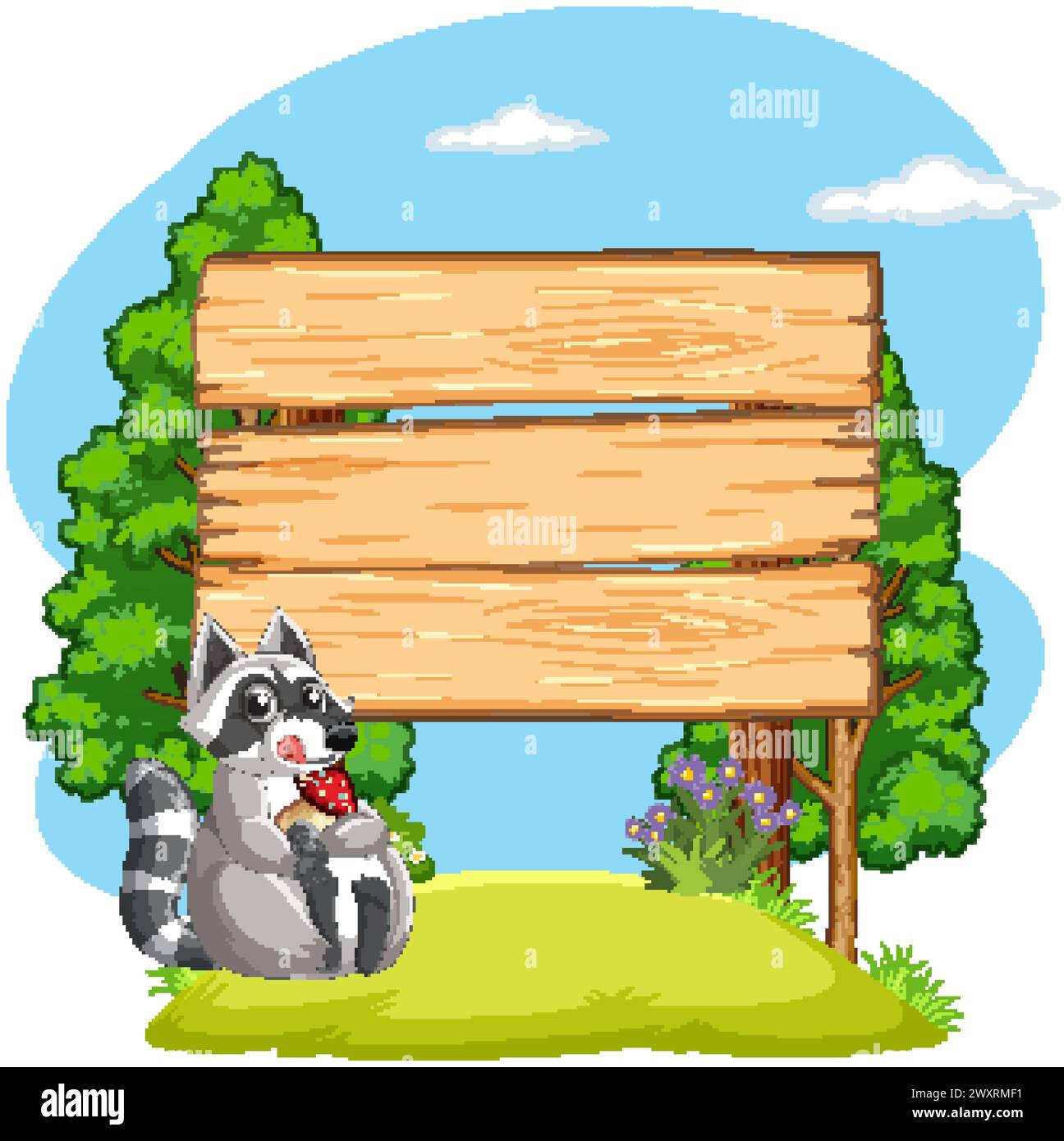 Cartoon raccoon sitting by an empty sign in nature Stock Vector Image