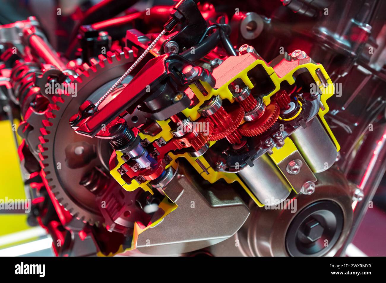 From above closeup of motorcycle compact engine comprising clutch lever for control coordination transmission speed gear with sensor and put together Stock Photo