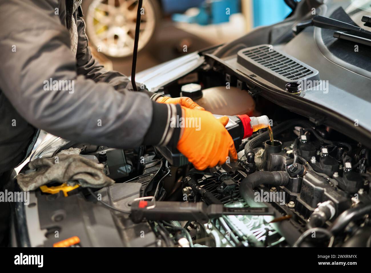 From above of crop anonymous male technician in uniform and gloves while standing in front of car with opened hood and pouring oil into engine in dayl Stock Photo