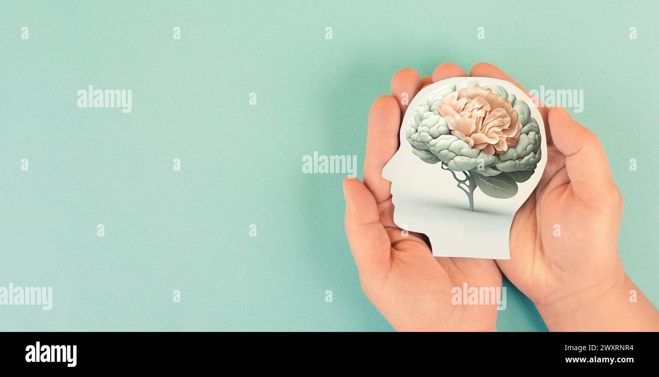Hands holding head, human brain grows from tree, self care and mental ...