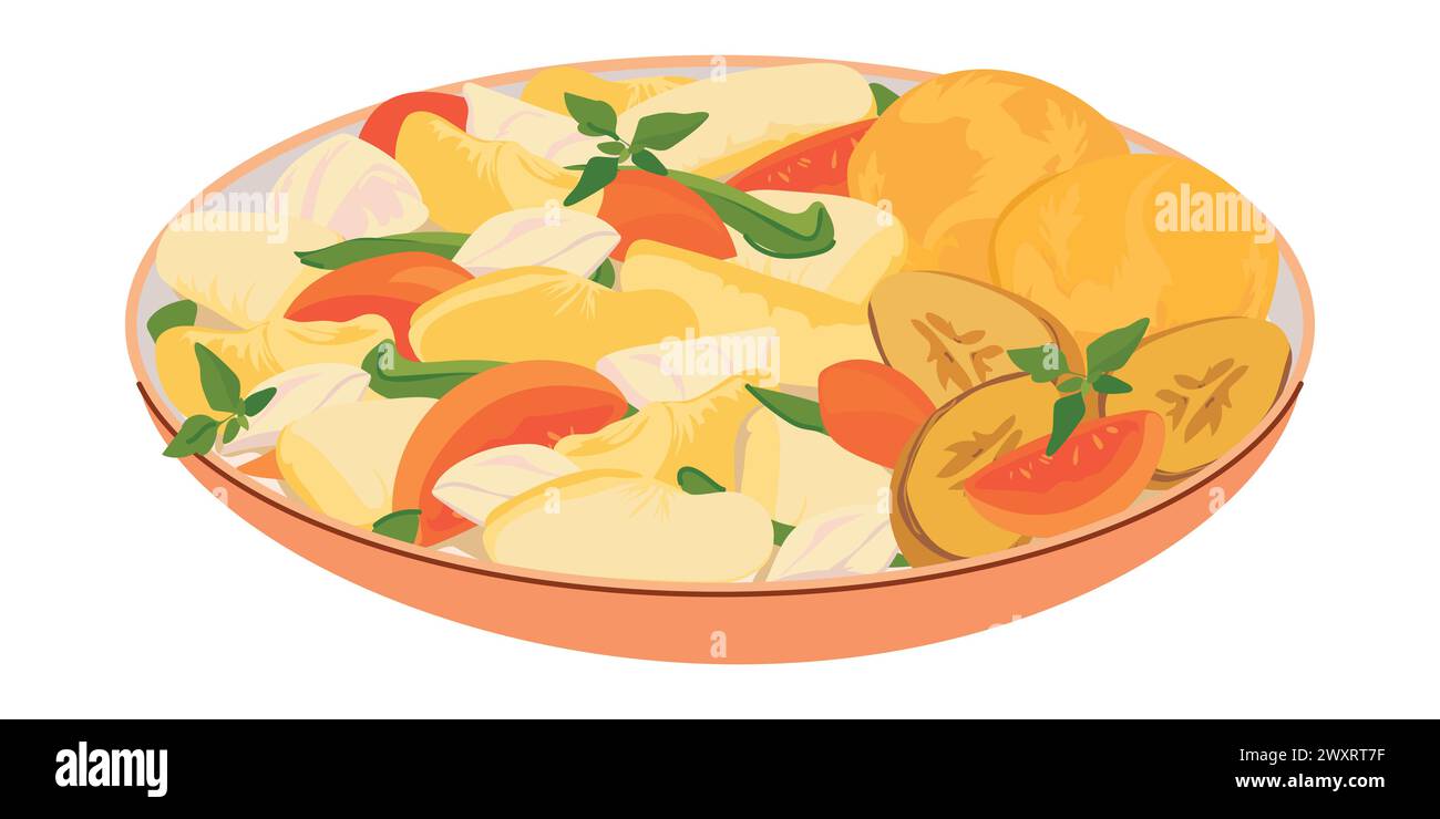 Ackee and salt fish. Traditional Jamaican dish of cod and ackee fruit. Caribbean breakfast served on a plate with fried bananas and corn buns. Vector Stock Vector