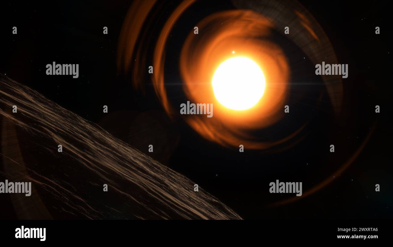 Luminous star emits intense light and energy, with a planet silhouetted against swirling solar winds. 3d render Stock Photo