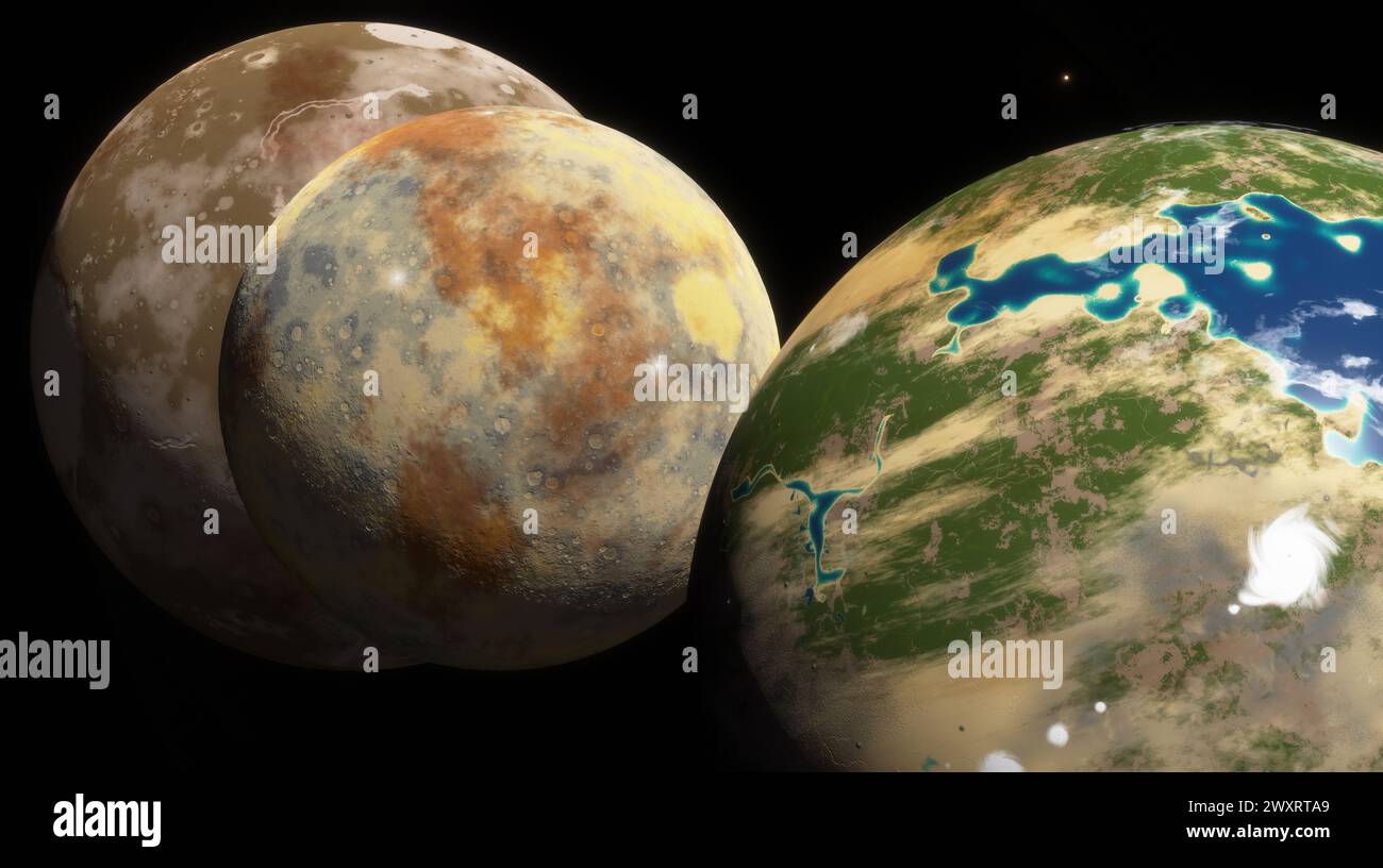Close-up of richly textured exoplanet with blue oceans, flanked by its ...