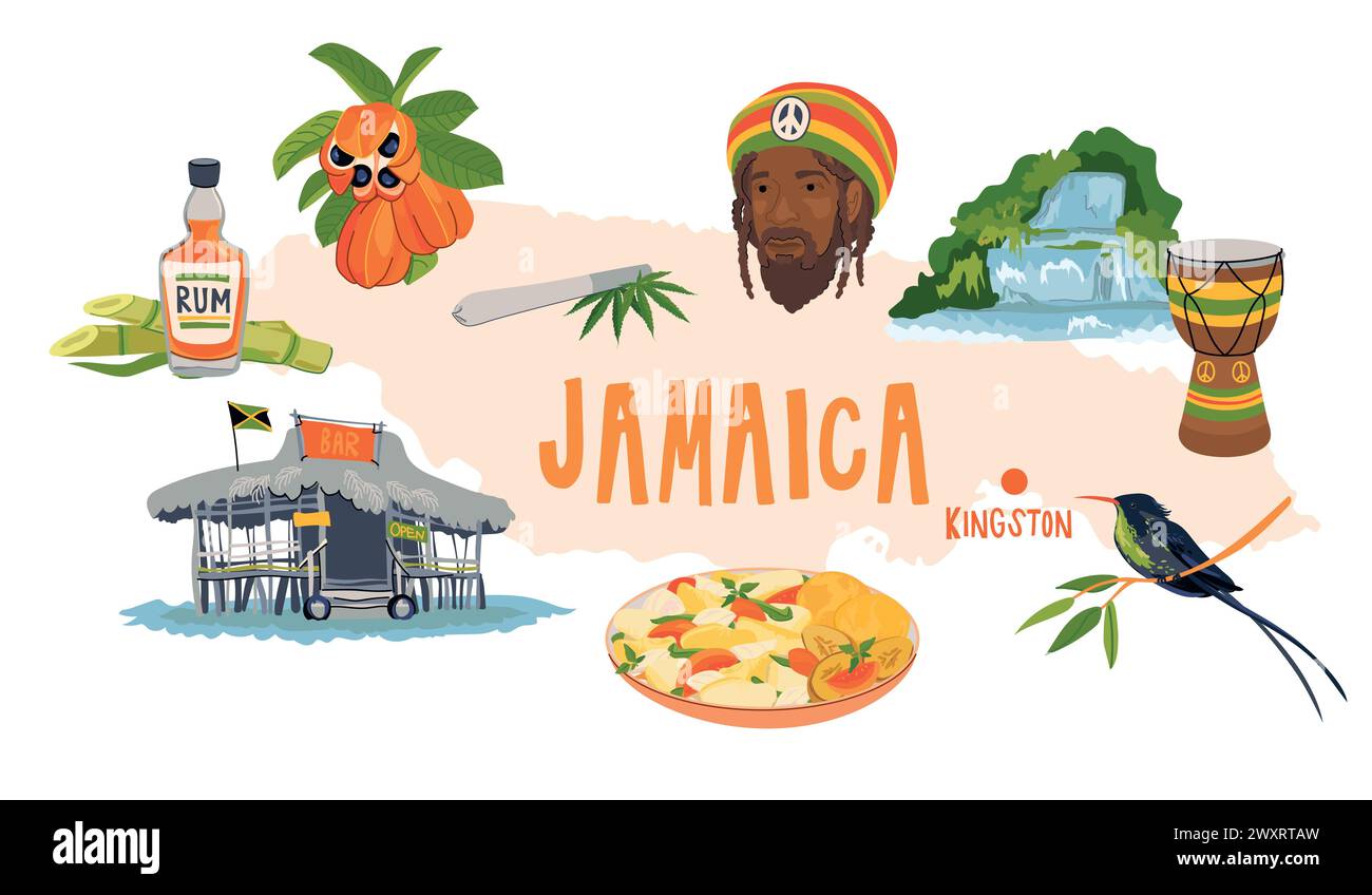 Map of Jamaica with attractions. Traditional food, hummingbird ...