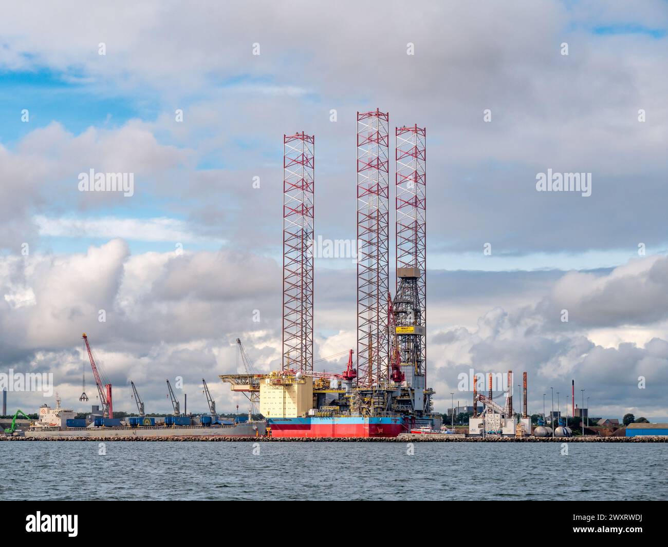 Drilling rig in harbour of Grenaa, Djursland, Midtjylland, Denmark Stock Photo