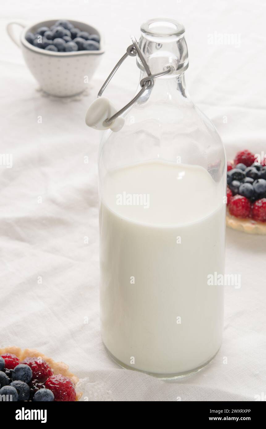 Vintage bottle with milk, fruit muffins and blueberries on a table. Stock Photo
