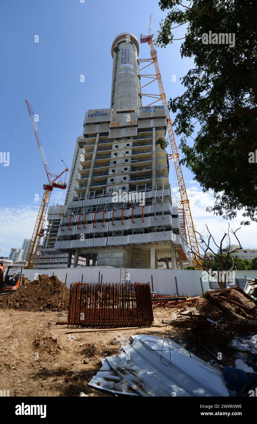 A modern urban complex with three towers under construction in Kikar Hamedina in Tel-Aviv, Israel. Stock Photo