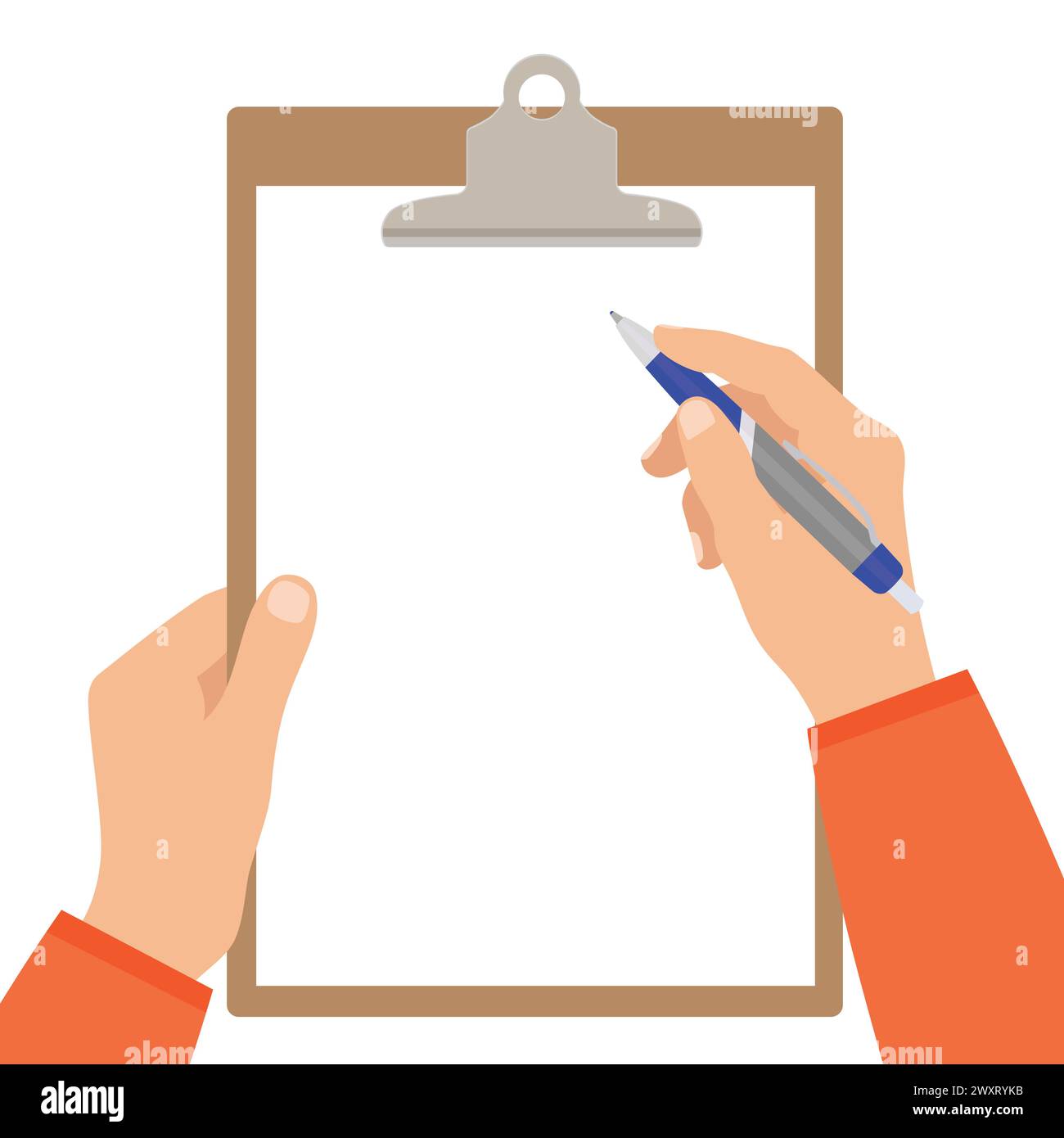 Hands holding pen and clipboard with empty sheet paper. Vector ...
