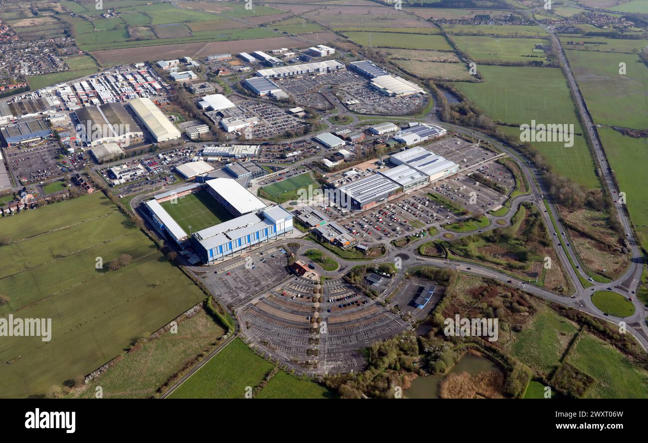 Aerial view of Monks Cross Shopping Park, Vangarde Shopping Park &  The York Stadium Leisure Complex, York, UK. Stock Photo