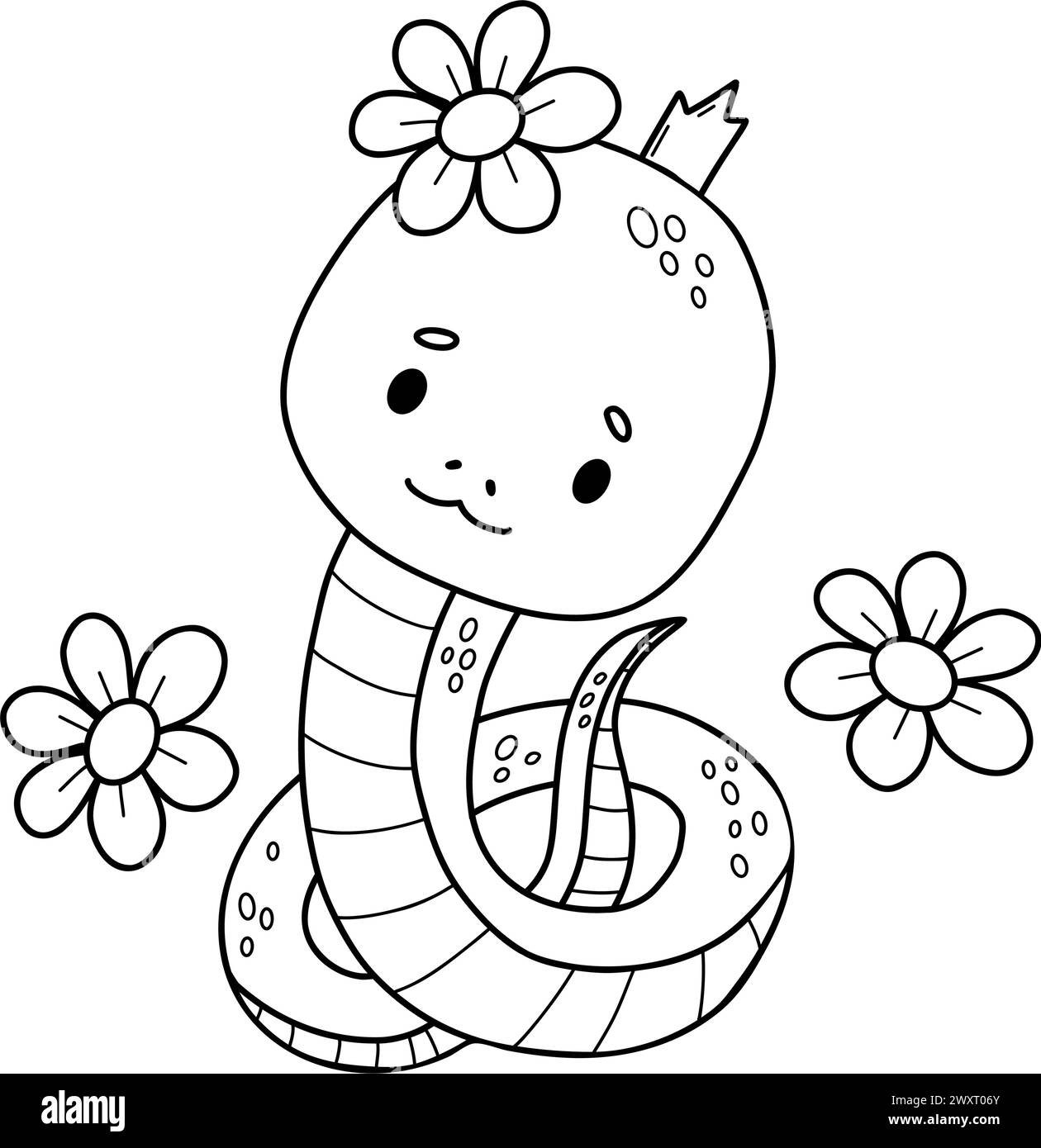 Snake girl princess with flowers. Cute outline reptile character in doodle style. Line drawing, coloring book. Vector illustration. Kids collection Stock Vector