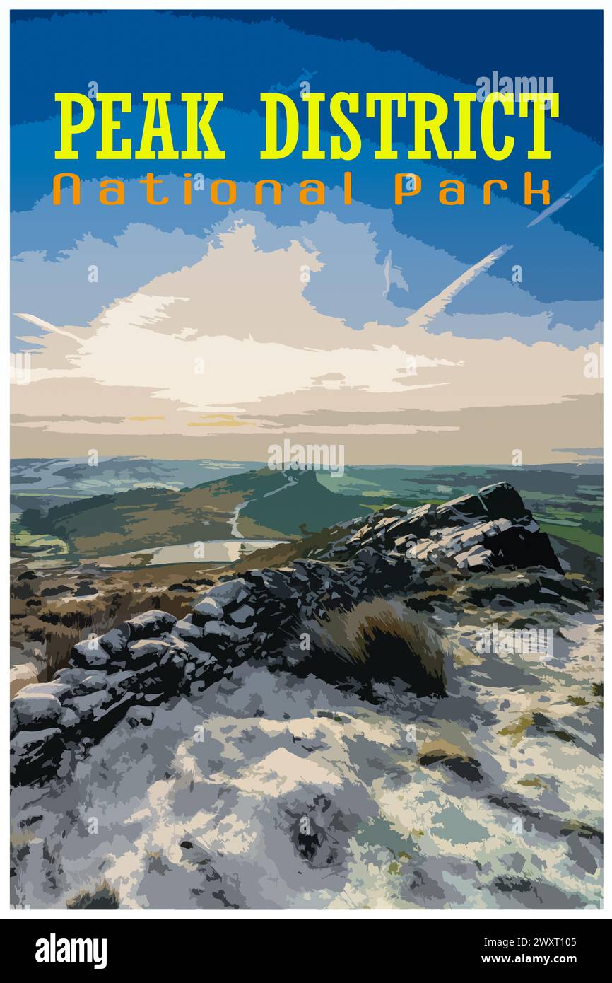 The Roaches, Staffordshire nostalgic retro winter travel poster concept of the Peak District National Park, England, UK in the style of Work Projects Stock Photo