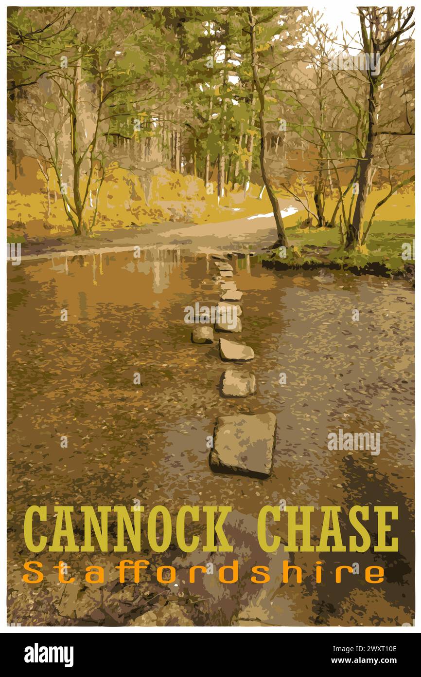 Nostalgic retro travel poster of Cannock Chase, Staffordshire, England, UK in the style of Work Projects Administration. Stock Photo