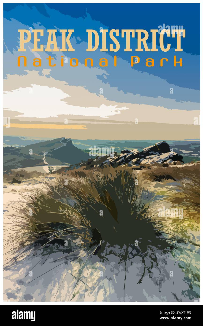 The Roaches, Staffordshire nostalgic retro winter travel poster concept of the Peak District National Park, England, UK in the style of Work Projects Stock Photo