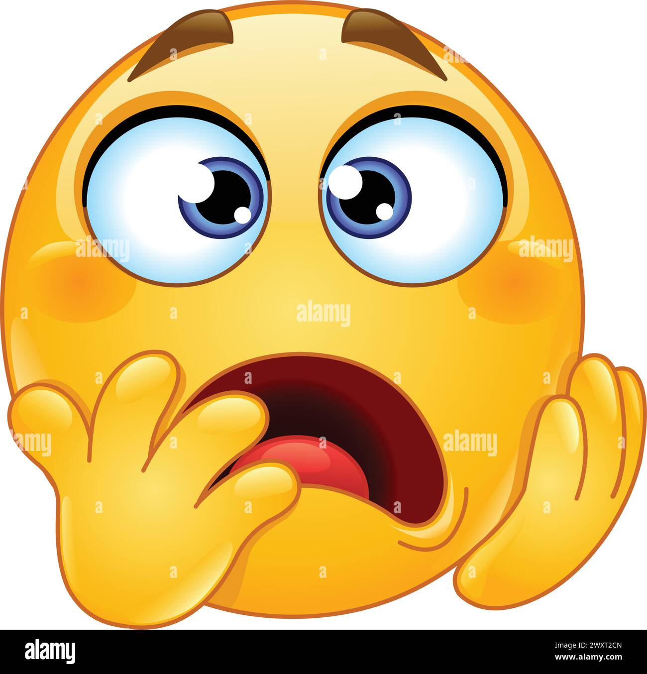 Shocked and worried emoji emoticon covers part of its face with hands Stock Vector