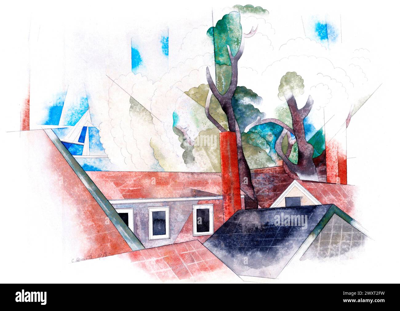 Rooftops and Trees (1918) painting in high resolution by Charles Demuth. Original from National Gallery of Art. Stock Photo