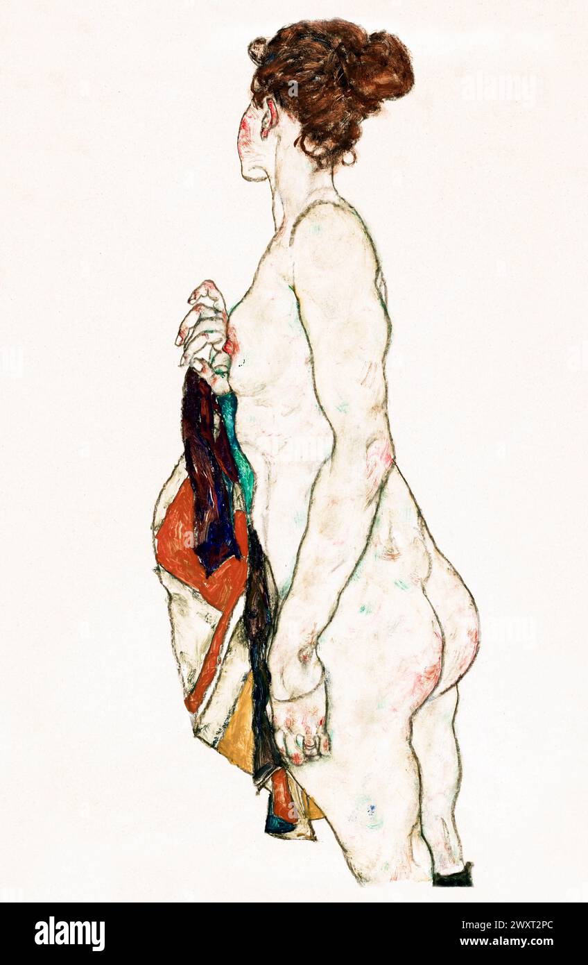Standing Nude woman with a Patterned Robe   by Egon Schiele. Original female line art drawing female painting from The MET museum. Stock Photo