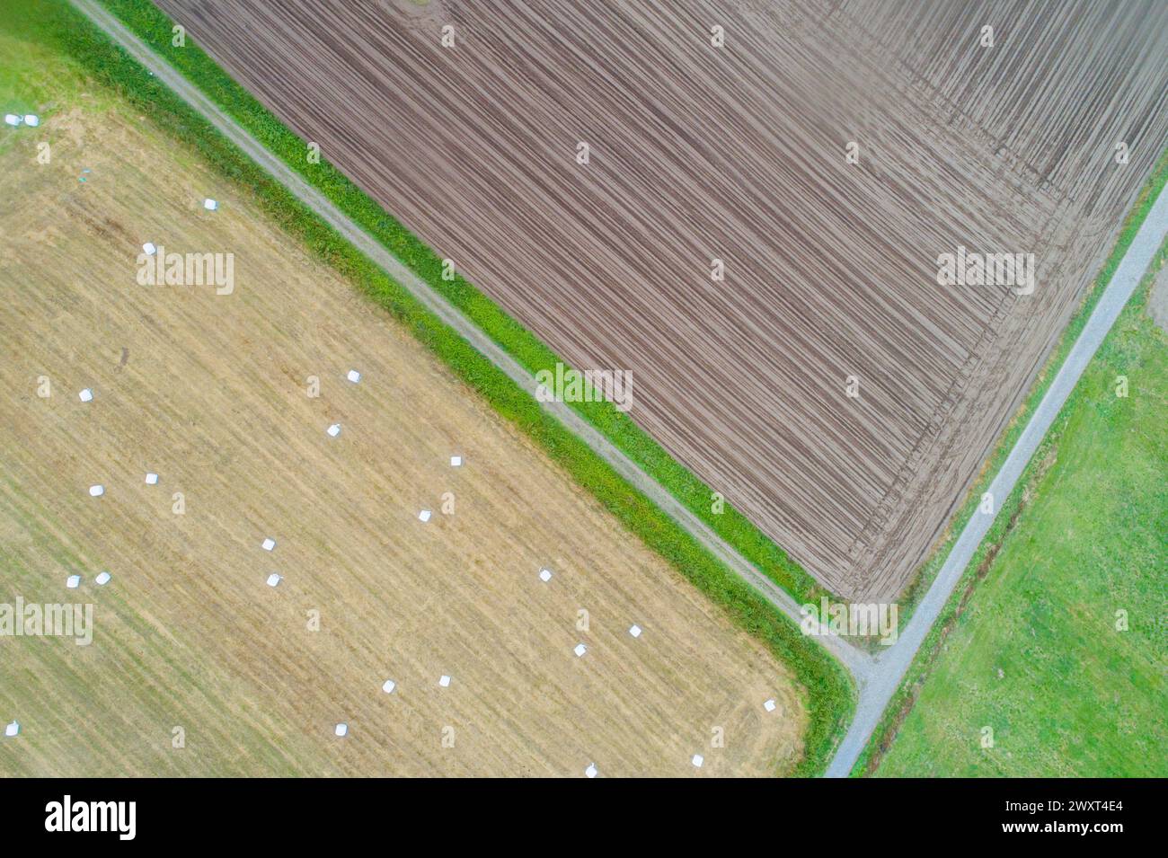 aerial top view of agricultural fields, one field plowed for planting and another harvested with round straw bales Stock Photo