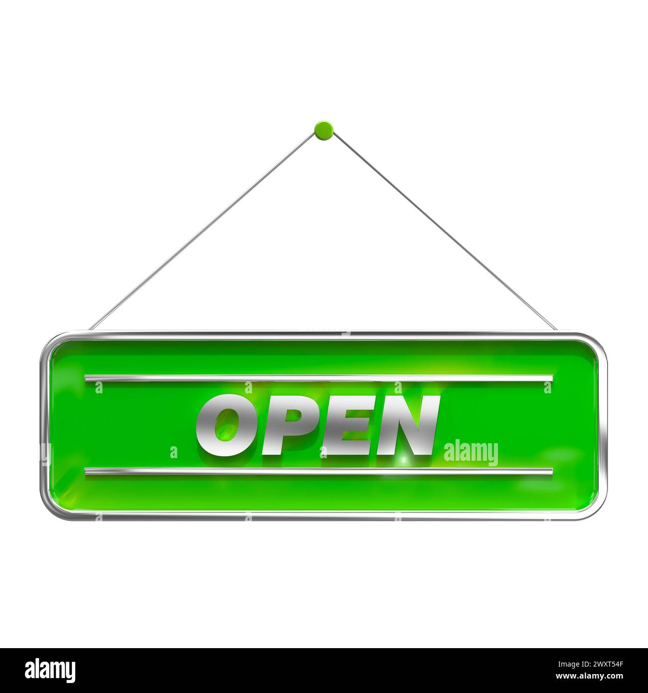 Vivid green open signboard with glossy finish, 3d render Stock Photo