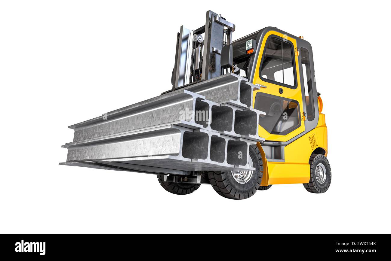 Isolated image of a forklift truck lifting heavy steel beams isolated. 3d render Stock Photo