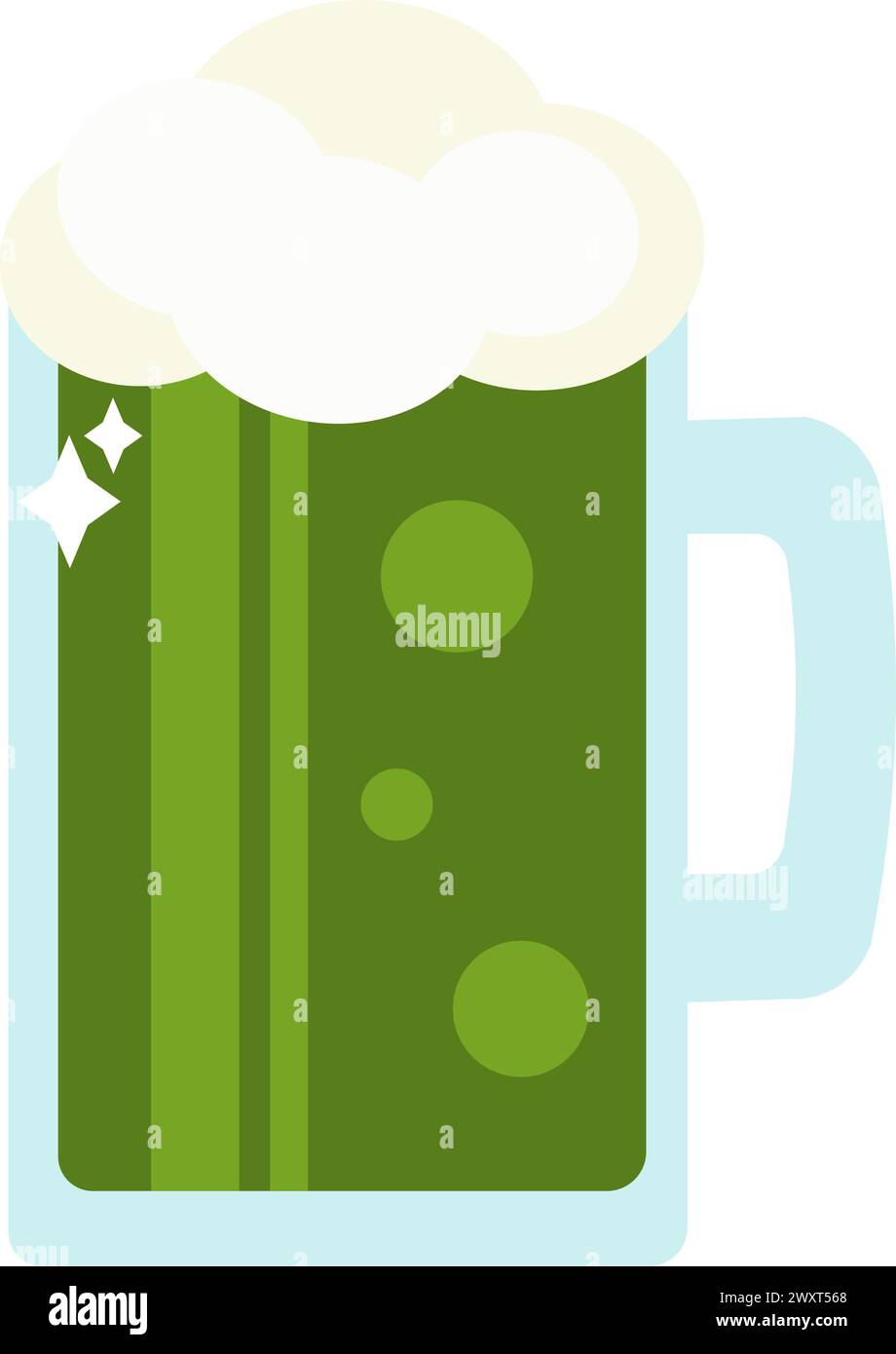 Glass goblet with handle filled with green Irish Ale. Foamy alcoholic drink, Happy Patrick party element. Simple cartoon vector isolated on white back Stock Vector