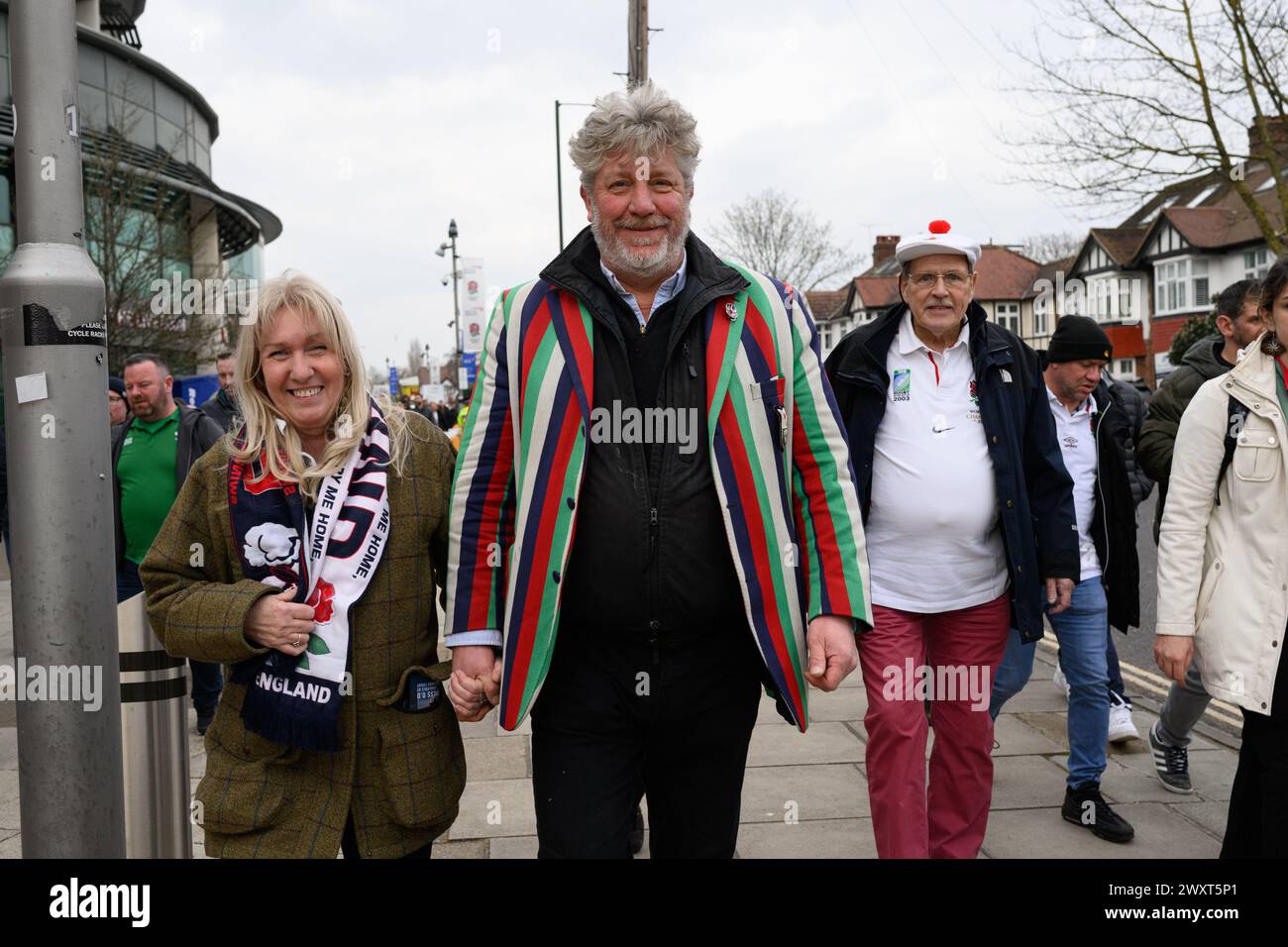 9th March 2024, London, UK: England rugby fans arrive at Twickenham Stadium  before England take on Ireland in the Six Nations Rugby Championship in London. Stock Photo