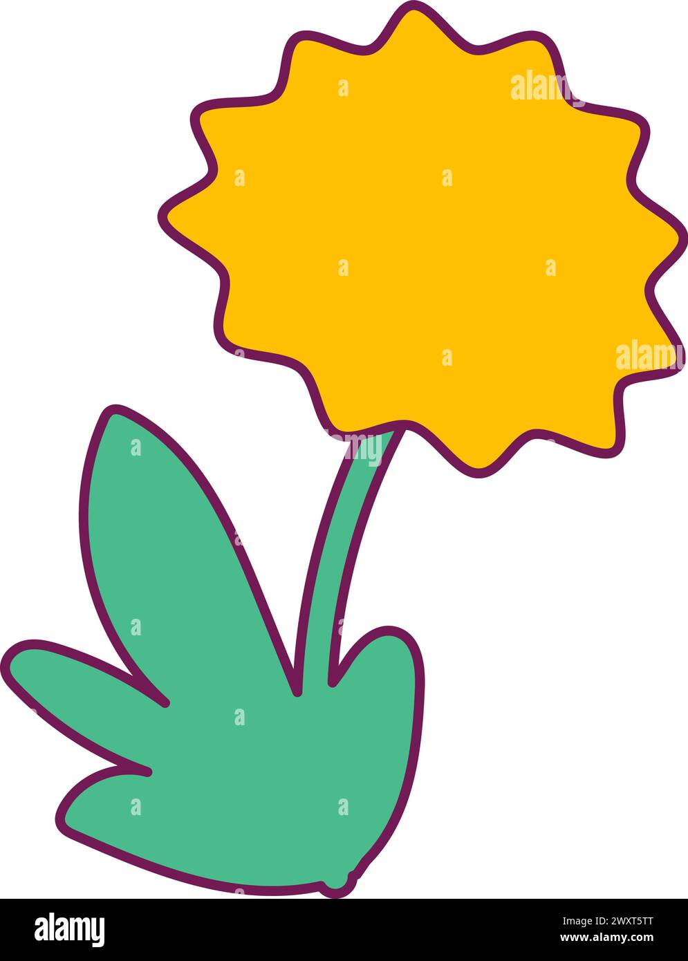 Yellow blooming dandelion flower. Bright illustration for design of festive spring banner. Flat vector element in thin stroke isolated on white backgr Stock Vector