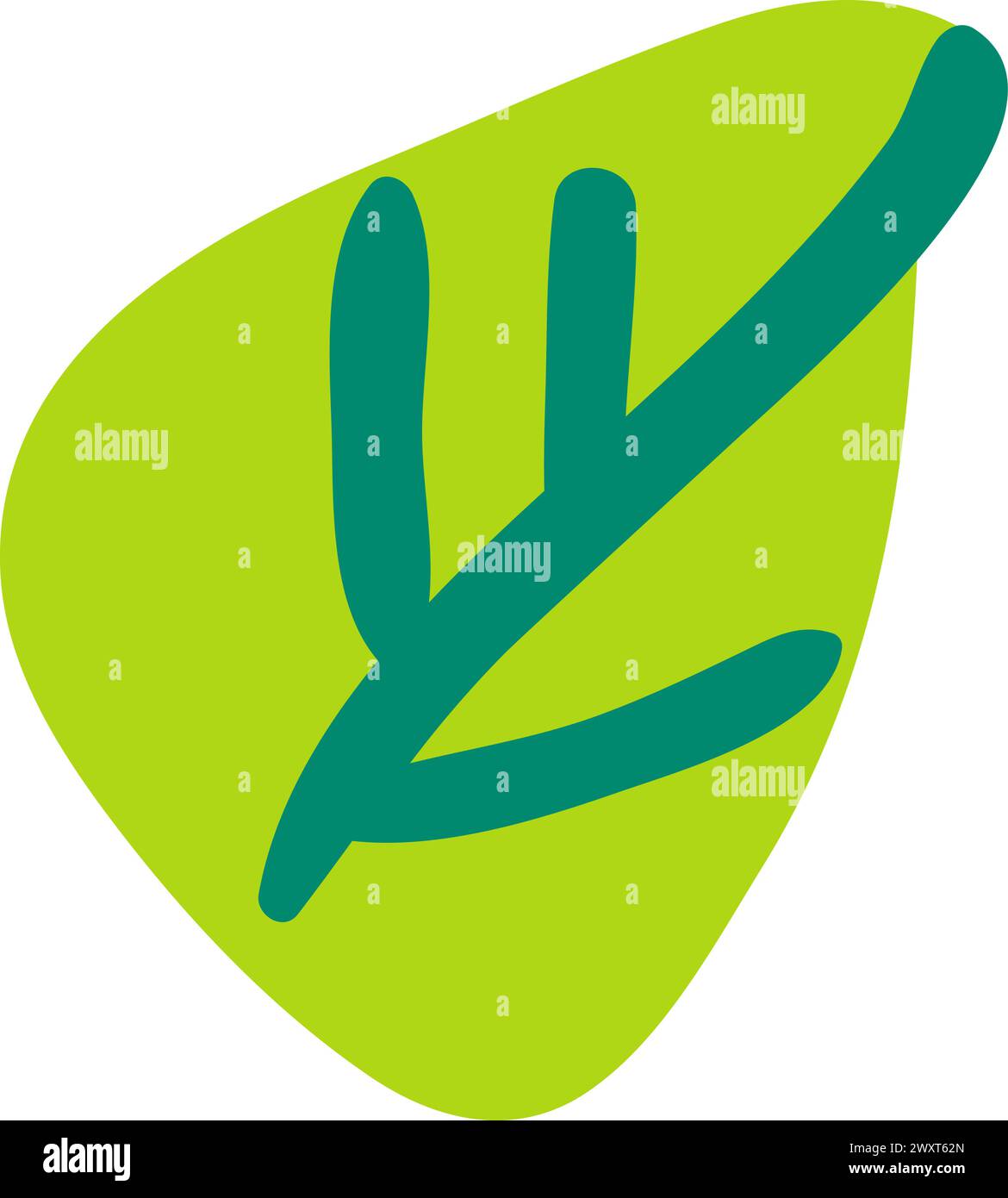 Green young leaf drawn by child. Bright childish careless illustration for design of festive spring banner. Flat hand drawn vector element isolated on Stock Vector