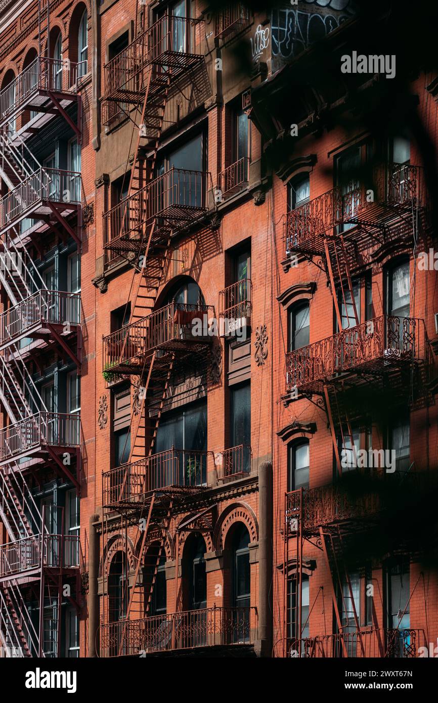 Vintage Fire Escapes on Classic New York Red Brick Buildings Stock ...