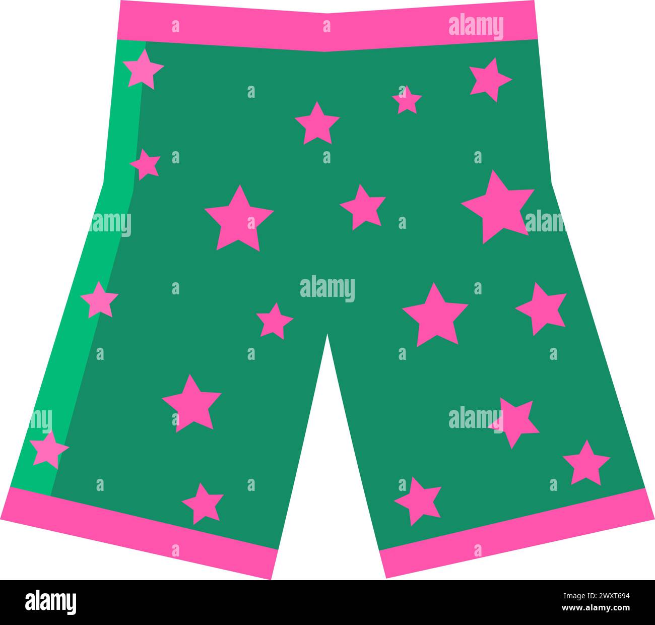 Bright green beach shorts with star pattern. Shorts summer clothing. Summer vacation icon. Simple flat cartoon vector isolated on white background Stock Vector