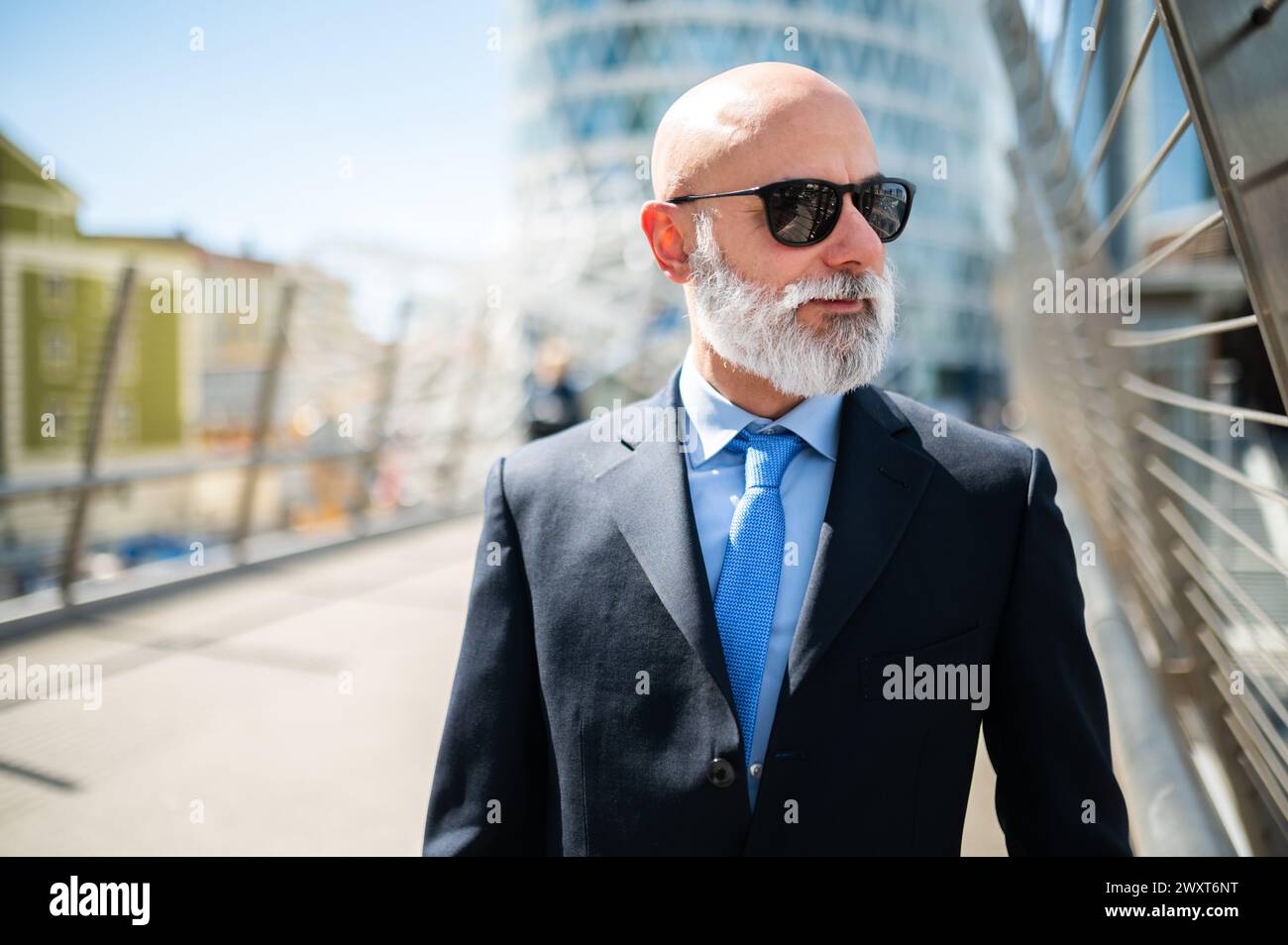 Mature bald stylish business man portrait with a white beard outdoor wearing sunglasses Stock Photo