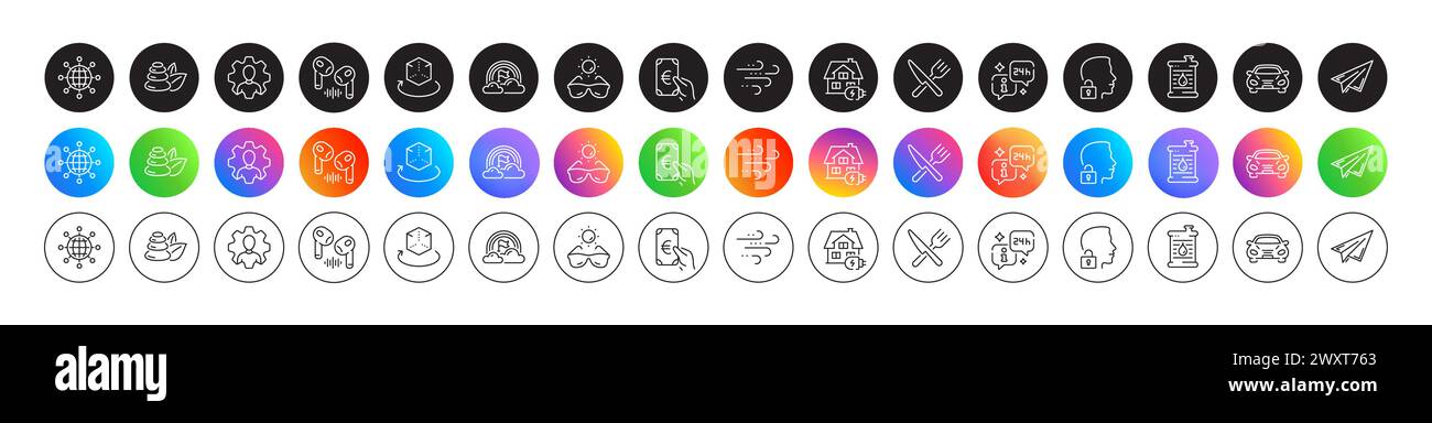 Windy weather, Headphone and Oil barrel line icons. For web app, printing. Round icon buttons. Vector Stock Vector