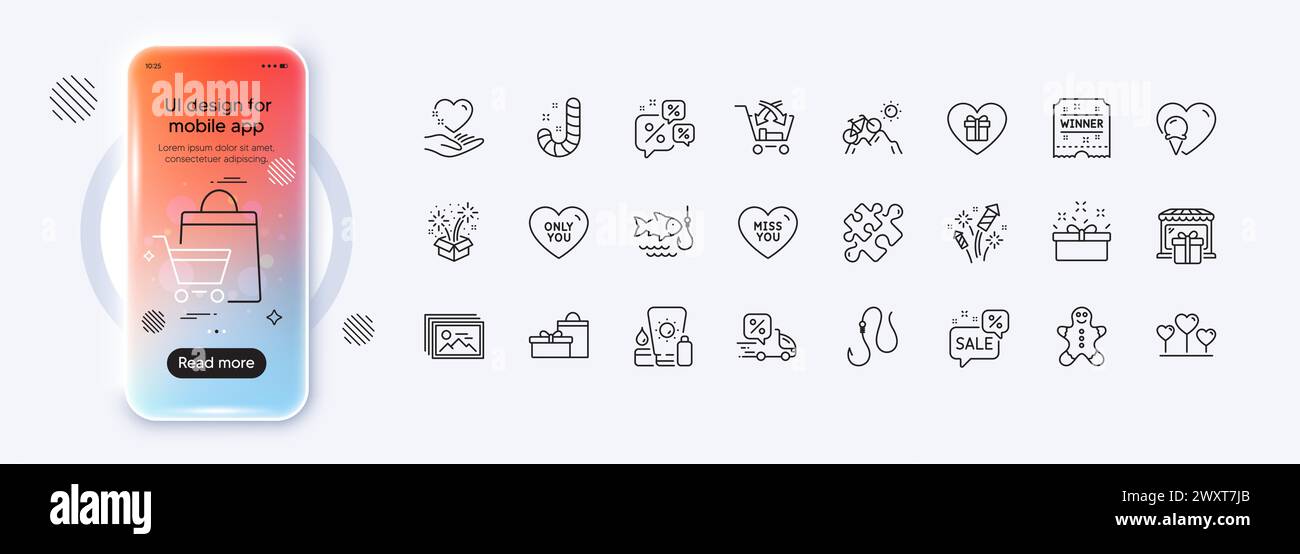 Fireworks rocket, Sunscreen and Gift shop line icons for web app ...